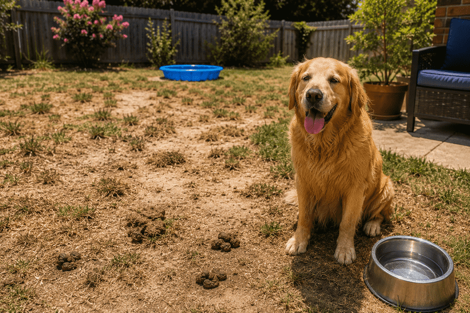dog in the yard around poop during summer